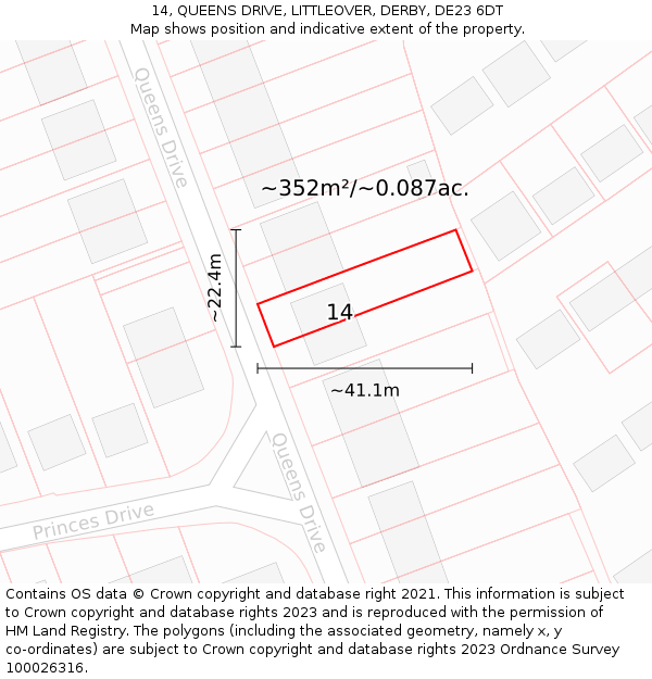 14, QUEENS DRIVE, LITTLEOVER, DERBY, DE23 6DT: Plot and title map