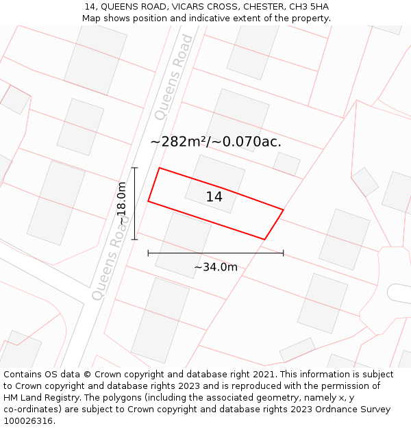 14, QUEENS ROAD, VICARS CROSS, CHESTER, CH3 5HA: Plot and title map