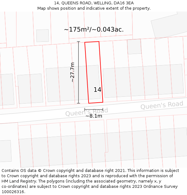14, QUEENS ROAD, WELLING, DA16 3EA: Plot and title map