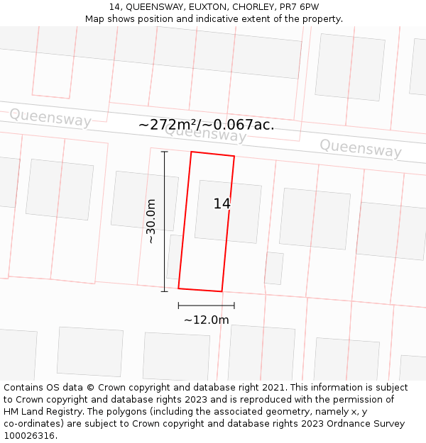 14, QUEENSWAY, EUXTON, CHORLEY, PR7 6PW: Plot and title map
