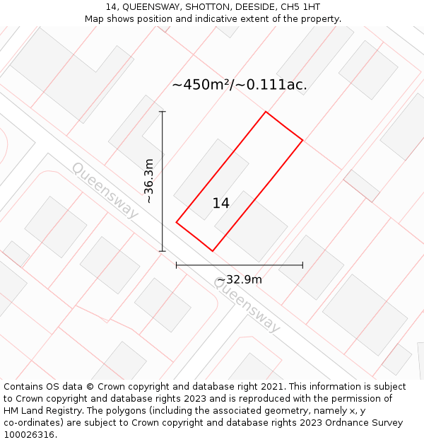 14, QUEENSWAY, SHOTTON, DEESIDE, CH5 1HT: Plot and title map