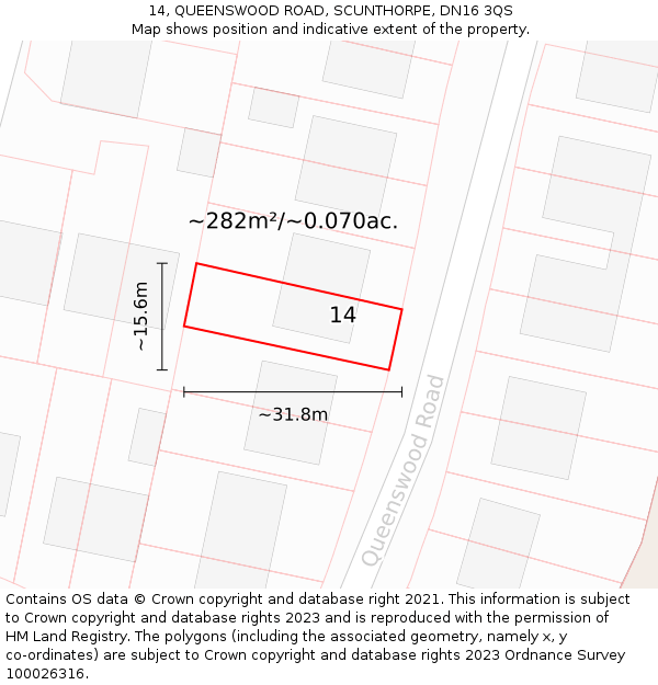 14, QUEENSWOOD ROAD, SCUNTHORPE, DN16 3QS: Plot and title map