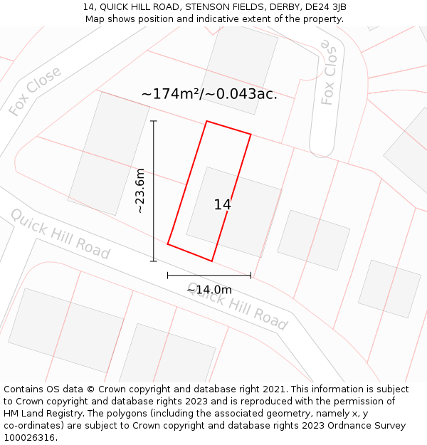 14, QUICK HILL ROAD, STENSON FIELDS, DERBY, DE24 3JB: Plot and title map