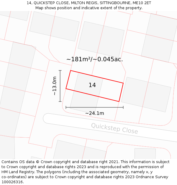 14, QUICKSTEP CLOSE, MILTON REGIS, SITTINGBOURNE, ME10 2ET: Plot and title map