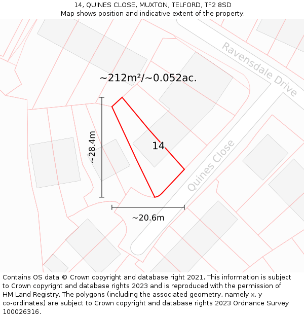 14, QUINES CLOSE, MUXTON, TELFORD, TF2 8SD: Plot and title map