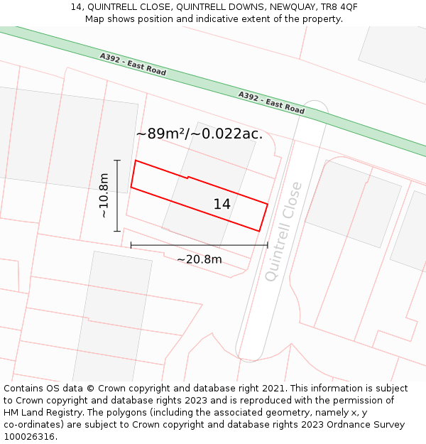 14, QUINTRELL CLOSE, QUINTRELL DOWNS, NEWQUAY, TR8 4QF: Plot and title map
