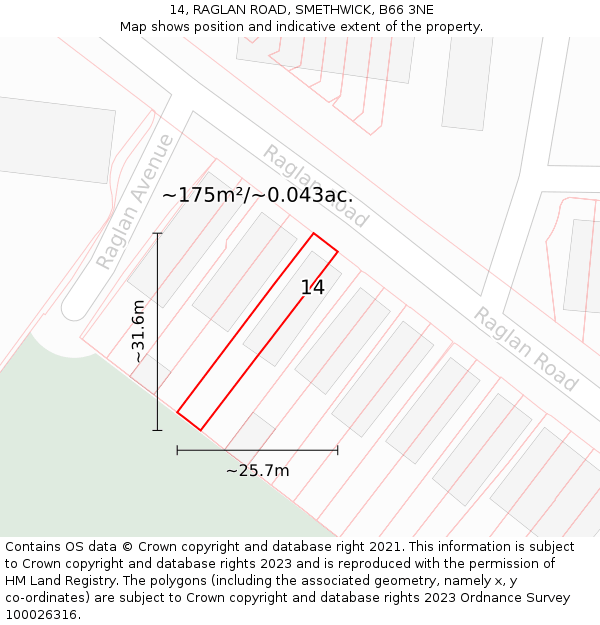 14, RAGLAN ROAD, SMETHWICK, B66 3NE: Plot and title map