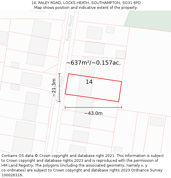 14, RALEY ROAD, LOCKS HEATH, SOUTHAMPTON, SO31 6PD: Plot and title map