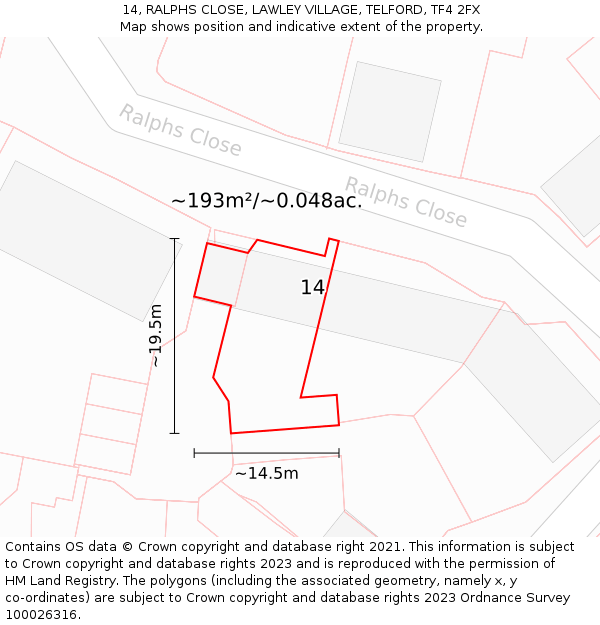 14, RALPHS CLOSE, LAWLEY VILLAGE, TELFORD, TF4 2FX: Plot and title map