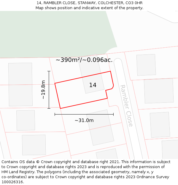 14, RAMBLER CLOSE, STANWAY, COLCHESTER, CO3 0HR: Plot and title map