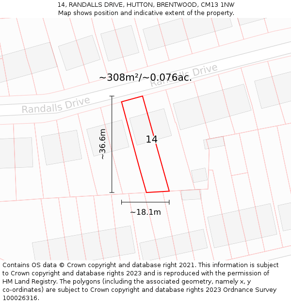 14, RANDALLS DRIVE, HUTTON, BRENTWOOD, CM13 1NW: Plot and title map