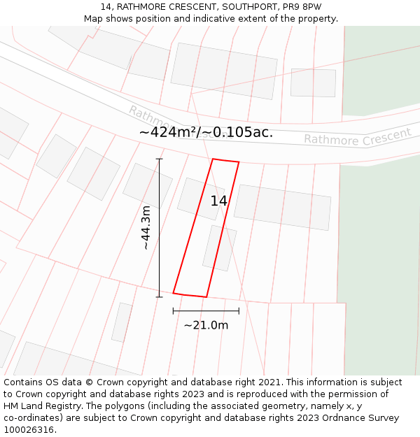 14, RATHMORE CRESCENT, SOUTHPORT, PR9 8PW: Plot and title map