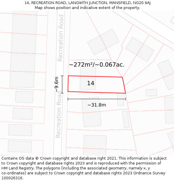 14, RECREATION ROAD, LANGWITH JUNCTION, MANSFIELD, NG20 9AJ: Plot and title map