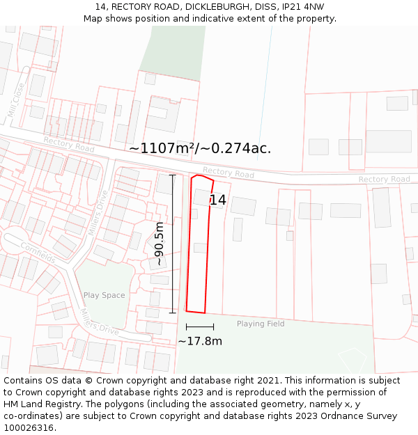 14, RECTORY ROAD, DICKLEBURGH, DISS, IP21 4NW: Plot and title map