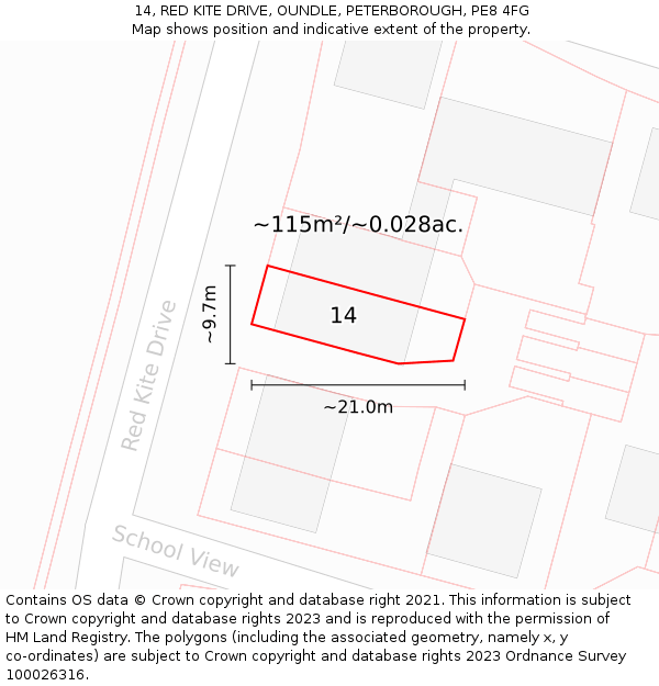 14, RED KITE DRIVE, OUNDLE, PETERBOROUGH, PE8 4FG: Plot and title map