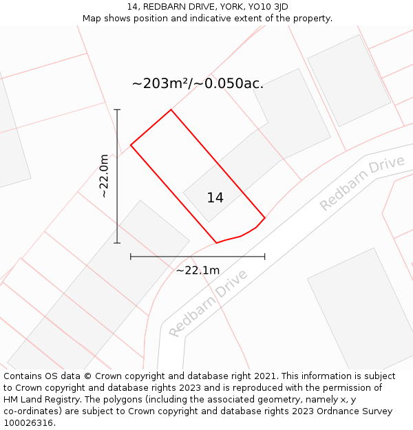 14, REDBARN DRIVE, YORK, YO10 3JD: Plot and title map