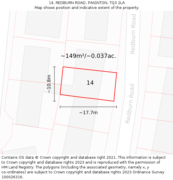 14, REDBURN ROAD, PAIGNTON, TQ3 2LA: Plot and title map