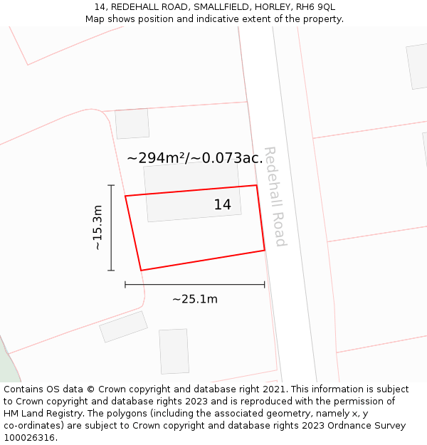 14, REDEHALL ROAD, SMALLFIELD, HORLEY, RH6 9QL: Plot and title map