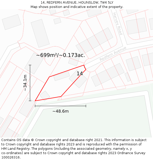 14, REDFERN AVENUE, HOUNSLOW, TW4 5LY: Plot and title map