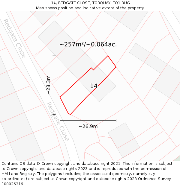 14, REDGATE CLOSE, TORQUAY, TQ1 3UG: Plot and title map