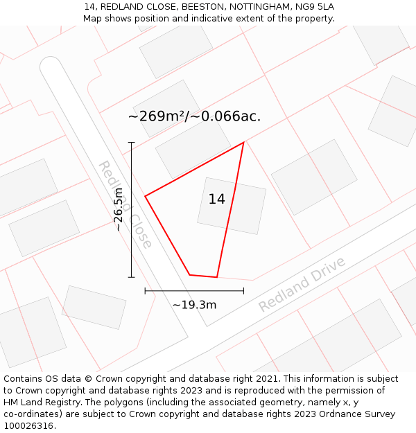 14, REDLAND CLOSE, BEESTON, NOTTINGHAM, NG9 5LA: Plot and title map