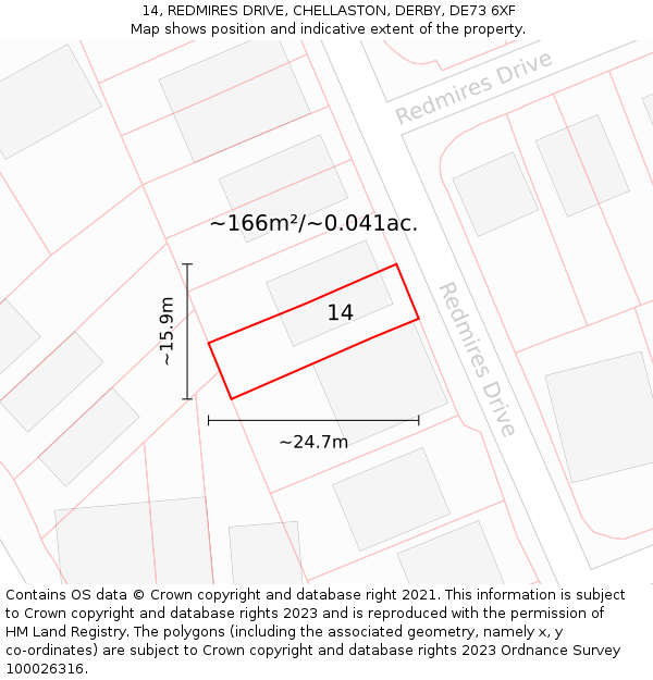 14, REDMIRES DRIVE, CHELLASTON, DERBY, DE73 6XF: Plot and title map