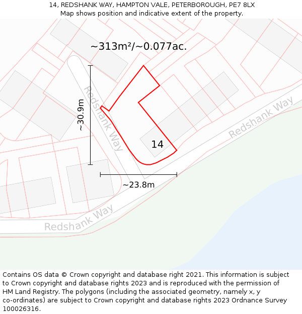 14, REDSHANK WAY, HAMPTON VALE, PETERBOROUGH, PE7 8LX: Plot and title map