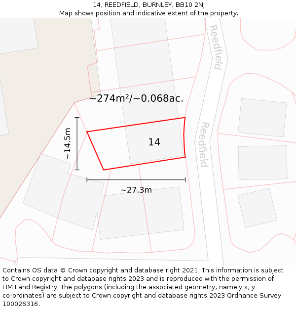 14, REEDFIELD, BURNLEY, BB10 2NJ: Plot and title map