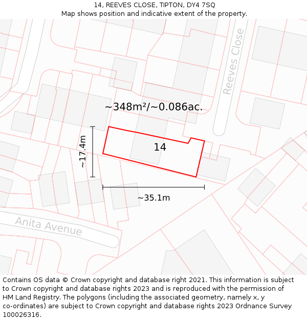 14, REEVES CLOSE, TIPTON, DY4 7SQ: Plot and title map