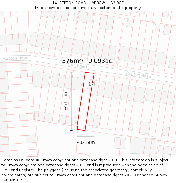 14, REPTON ROAD, HARROW, HA3 9QD: Plot and title map