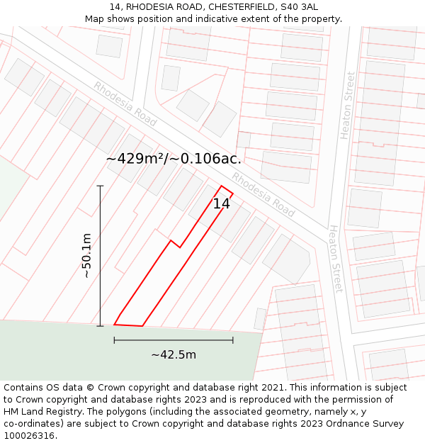 14, RHODESIA ROAD, CHESTERFIELD, S40 3AL: Plot and title map