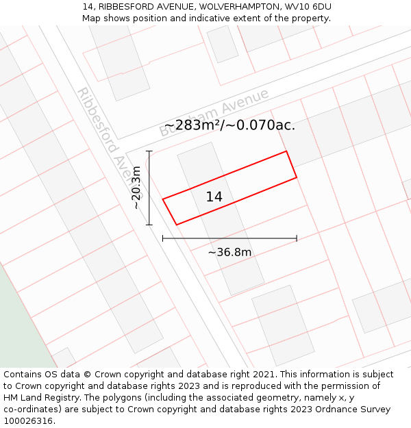 14, RIBBESFORD AVENUE, WOLVERHAMPTON, WV10 6DU: Plot and title map