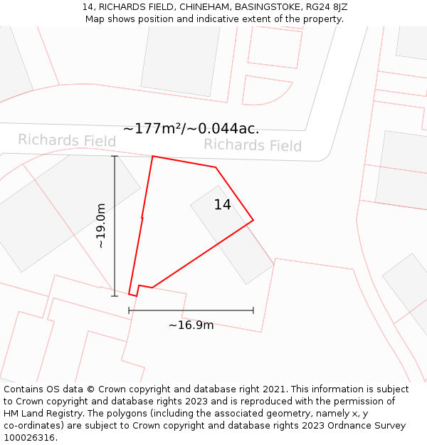 14, RICHARDS FIELD, CHINEHAM, BASINGSTOKE, RG24 8JZ: Plot and title map