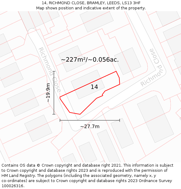 14, RICHMOND CLOSE, BRAMLEY, LEEDS, LS13 3HF: Plot and title map