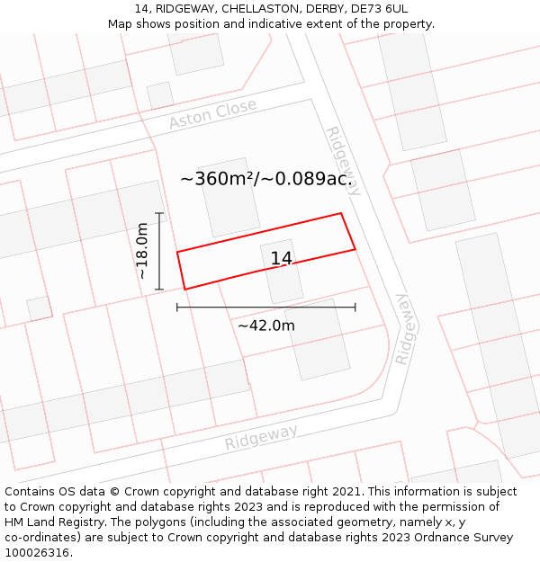 14, RIDGEWAY, CHELLASTON, DERBY, DE73 6UL: Plot and title map