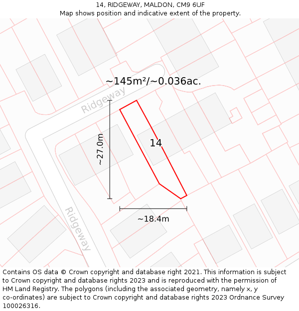 14, RIDGEWAY, MALDON, CM9 6UF: Plot and title map