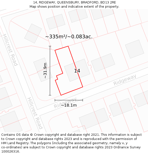14, RIDGEWAY, QUEENSBURY, BRADFORD, BD13 2RE: Plot and title map
