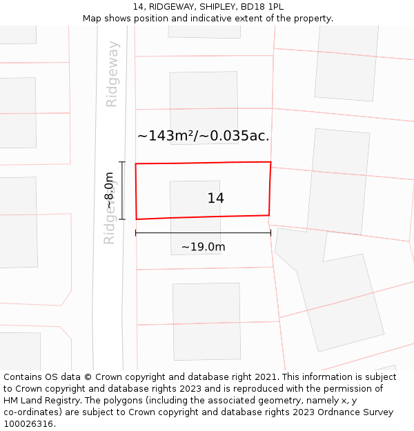 14, RIDGEWAY, SHIPLEY, BD18 1PL: Plot and title map