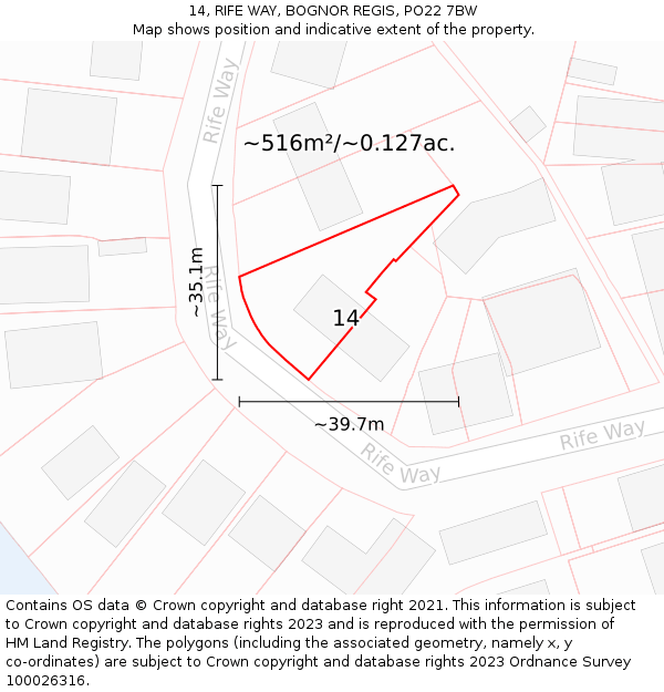 14, RIFE WAY, BOGNOR REGIS, PO22 7BW: Plot and title map