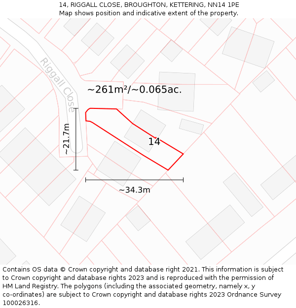 14, RIGGALL CLOSE, BROUGHTON, KETTERING, NN14 1PE: Plot and title map