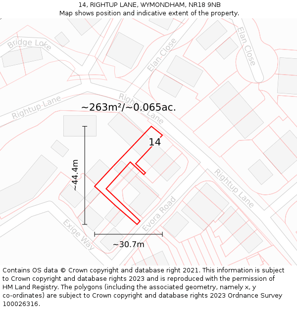 14, RIGHTUP LANE, WYMONDHAM, NR18 9NB: Plot and title map