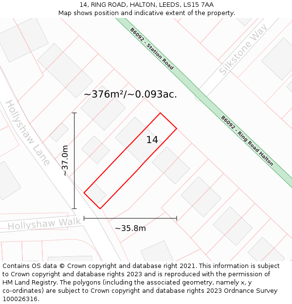 14, RING ROAD, HALTON, LEEDS, LS15 7AA: Plot and title map
