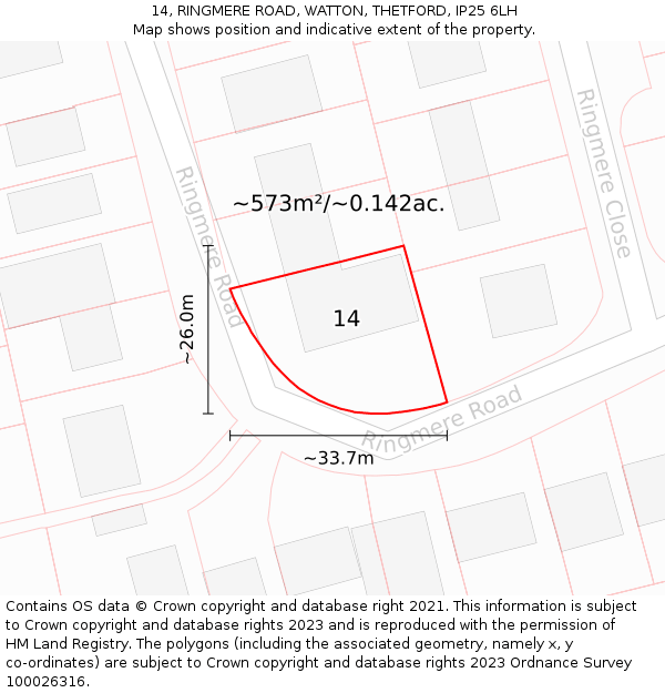 14, RINGMERE ROAD, WATTON, THETFORD, IP25 6LH: Plot and title map