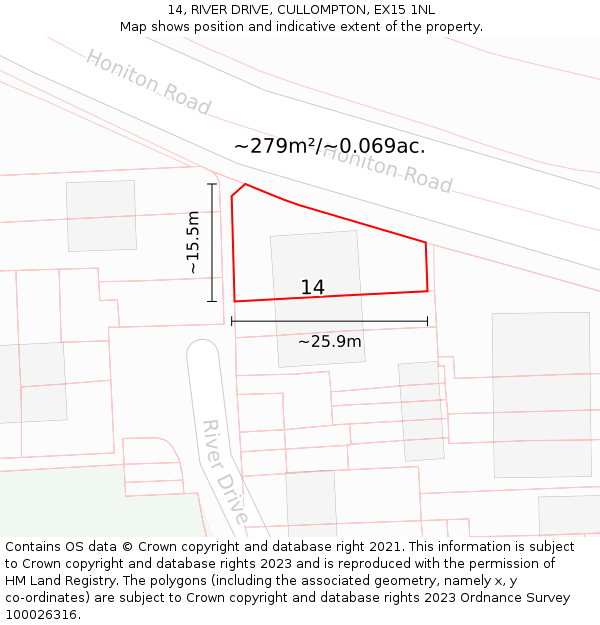 14, RIVER DRIVE, CULLOMPTON, EX15 1NL: Plot and title map