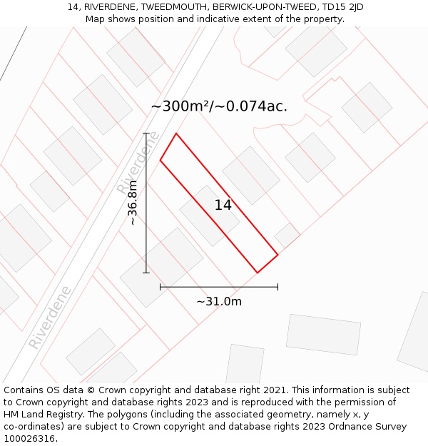 14, RIVERDENE, TWEEDMOUTH, BERWICK-UPON-TWEED, TD15 2JD: Plot and title map
