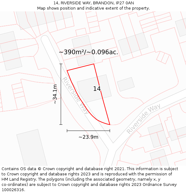 14, RIVERSIDE WAY, BRANDON, IP27 0AN: Plot and title map