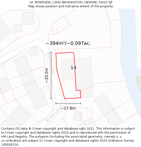 14, RIVERVIEW, LONG BENNINGTON, NEWARK, NG23 5JF: Plot and title map