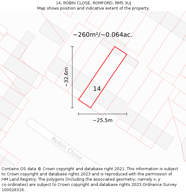 14, ROBIN CLOSE, ROMFORD, RM5 3UJ: Plot and title map