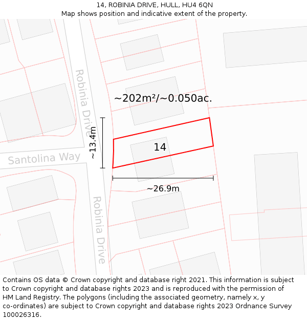 14, ROBINIA DRIVE, HULL, HU4 6QN: Plot and title map