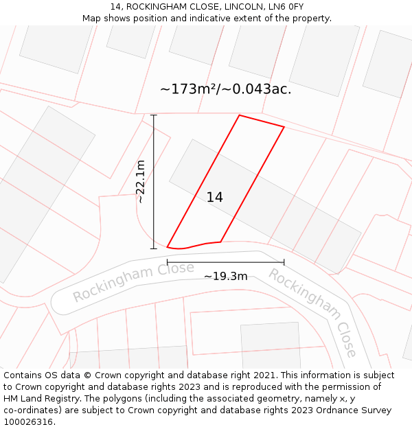 14, ROCKINGHAM CLOSE, LINCOLN, LN6 0FY: Plot and title map